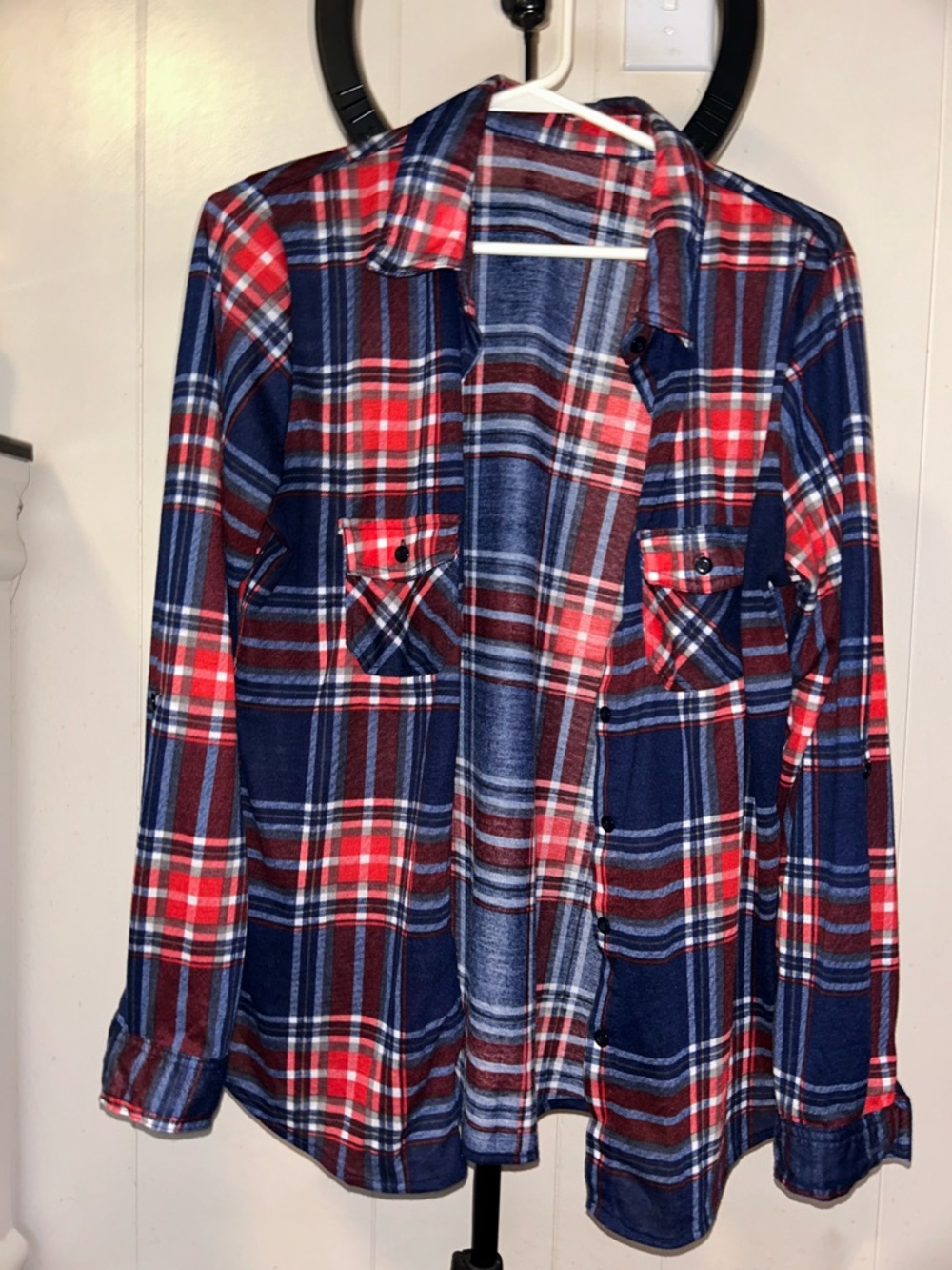 Red and Navy Plaid Flannel Button-Up Shirt